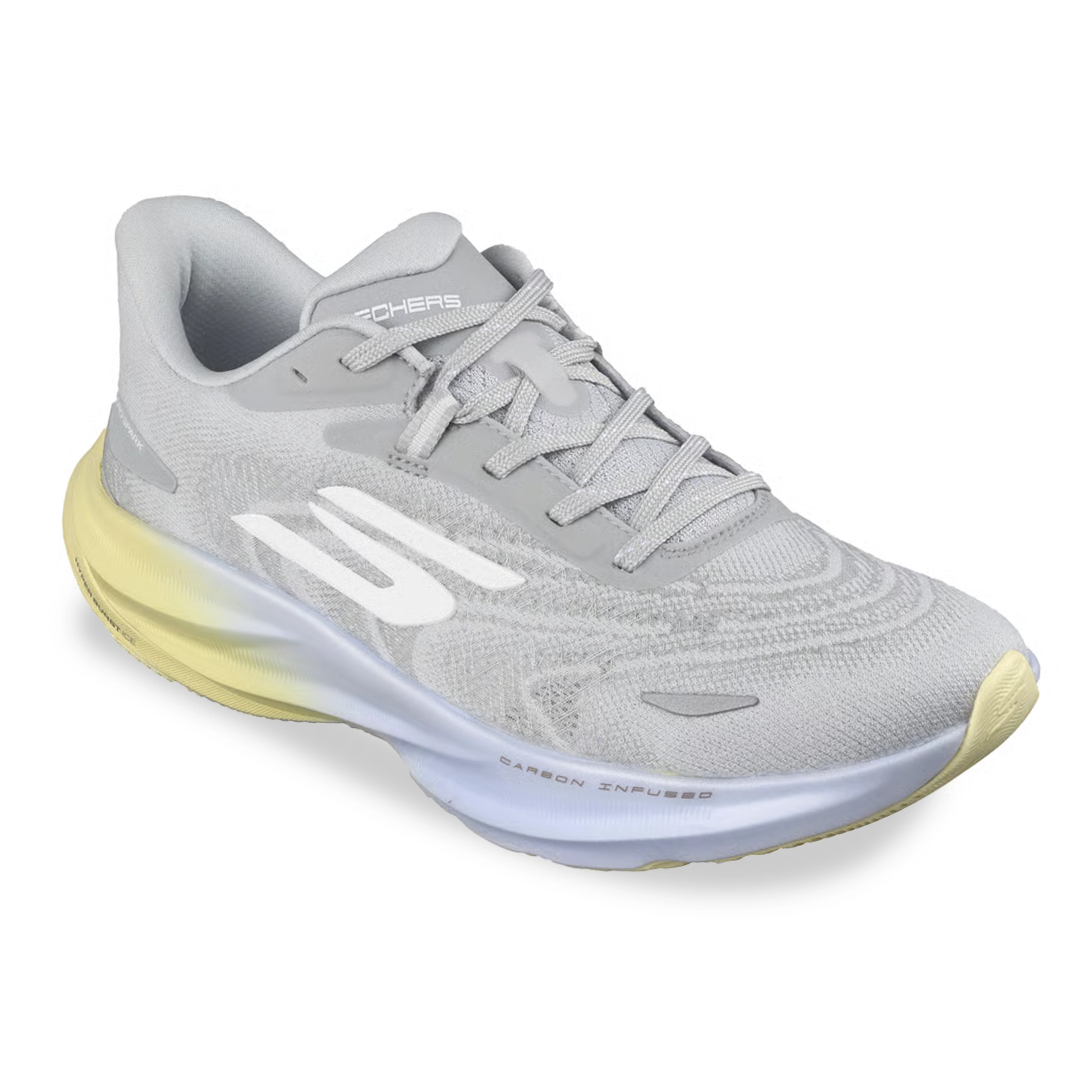 Vista lateral do tênis feminino Skechers Aero Spark cinza mostrando detalhes do cabedal em malha respirável e solado emborrachado.